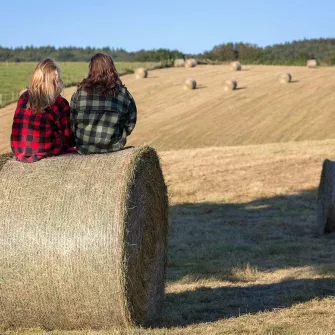 Deux jeunes femmes assises sur des meules de foin dans la campagne